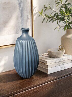 Modern Blue Ribbed Decorative Vase